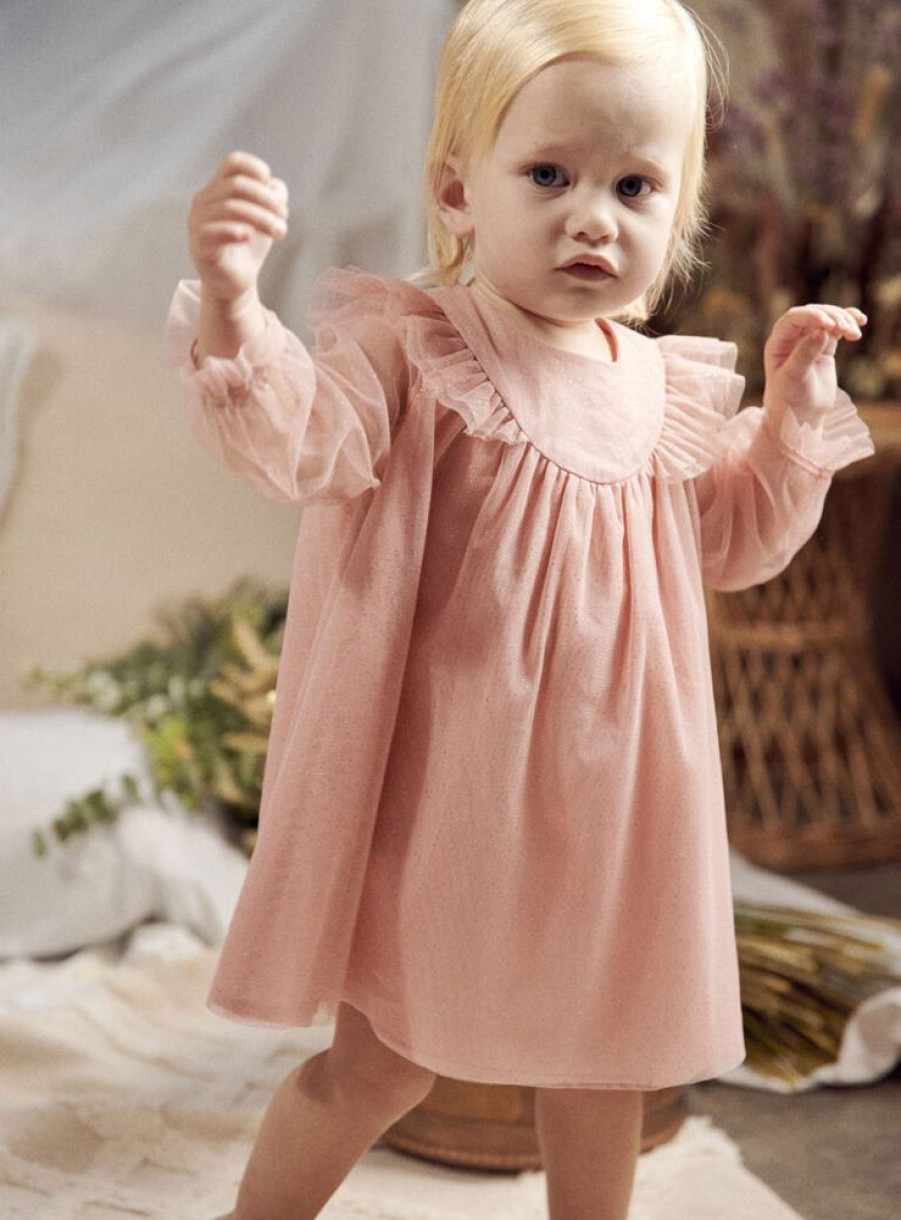 Bebe Fille Sergent Major Robe | Robe Rose En Tulle Pailletee Et Bloomer